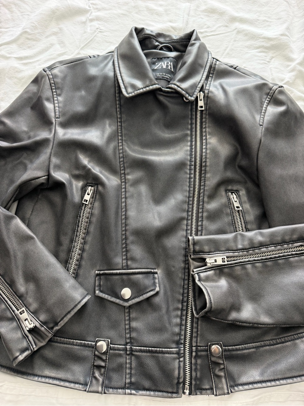 Zara Girls 13/14 Black Genuine Leather Moto Jacket Biker Zip Up Jacket Silver